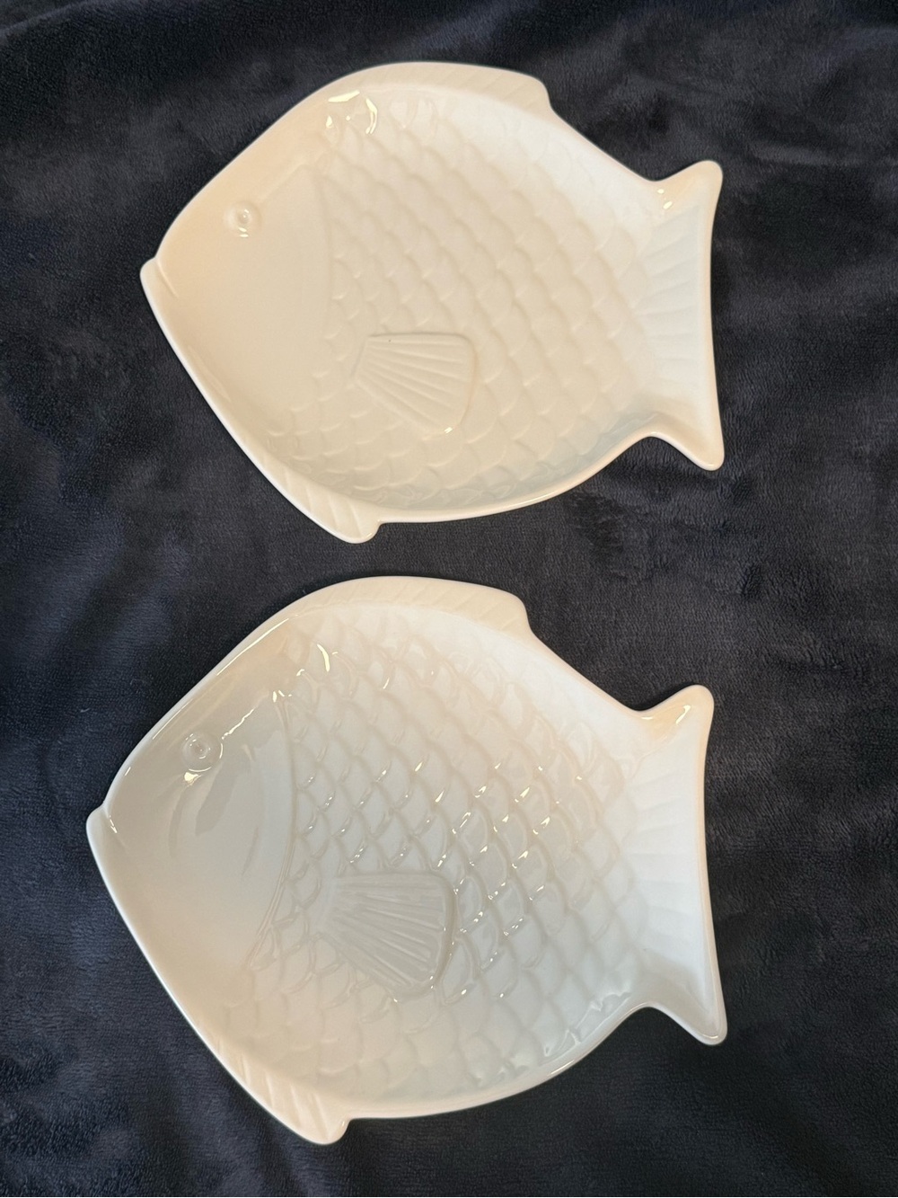 2 - White Fish-Shaped ceramic dinner plates.